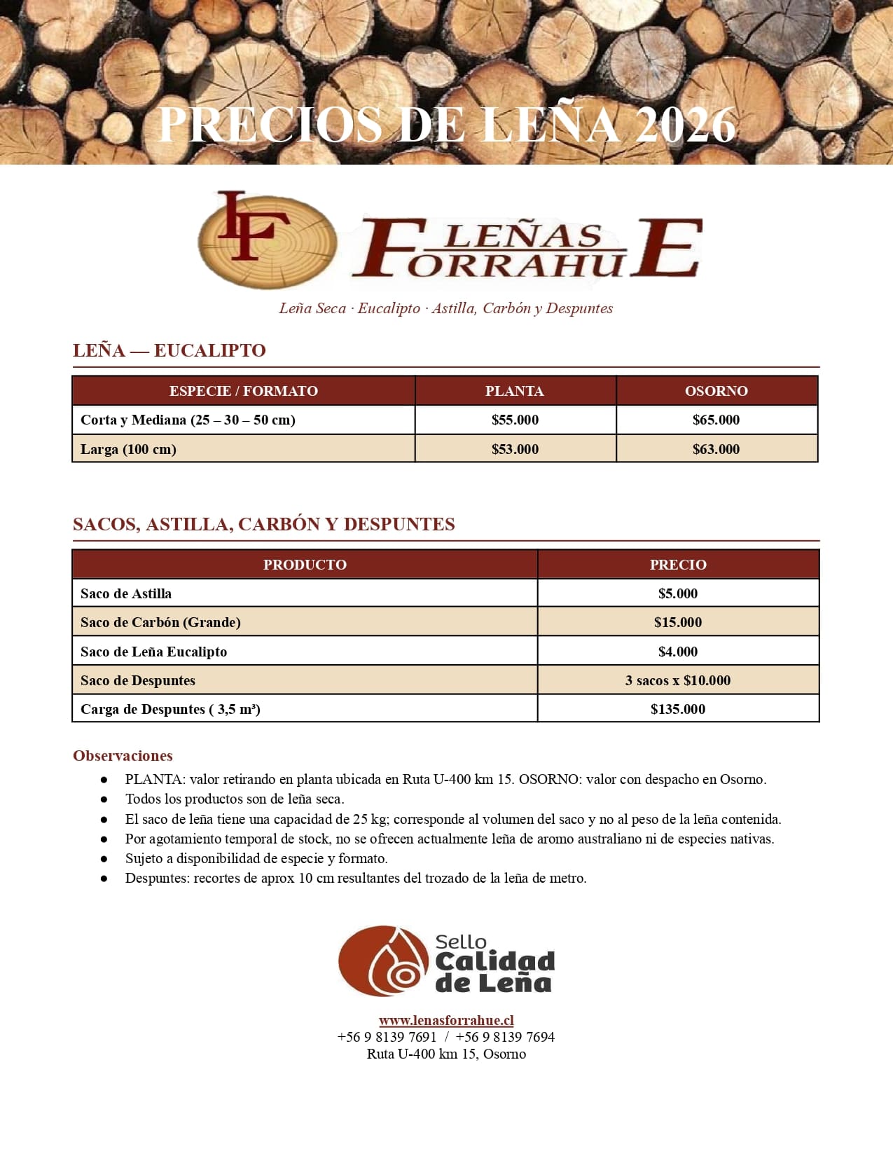 Lista Precios Lena LenasForrahue agosto 2026